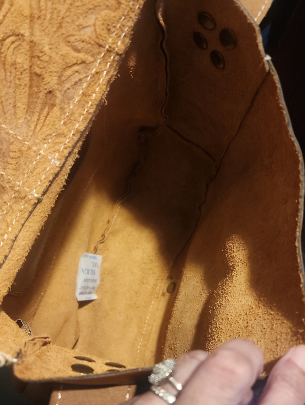 Tooled Leather Tan Crossbody Bag with Whipstitch Trim - Picture 3 of 8